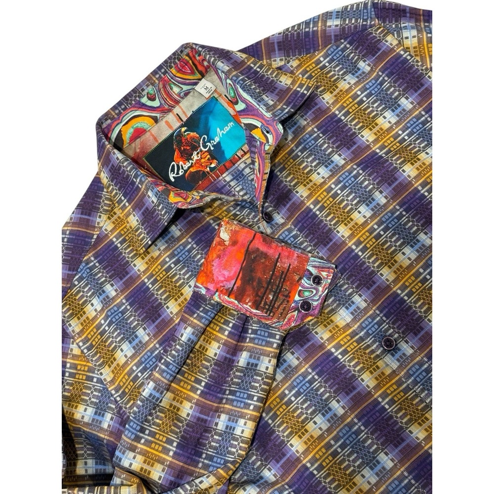 Robert Graham Men Shirt M Purple Geometric Psychedelic Watercolor Flip Button‎